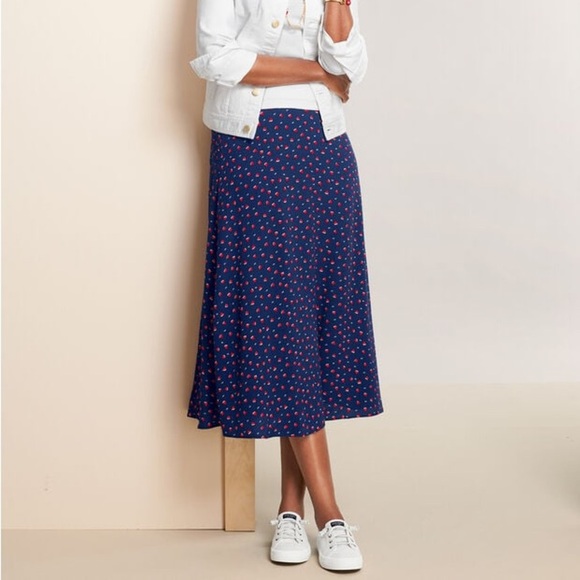 Talbots Navy Blue Red Heart Print XO Midi Slip Skirt Size 8 - Picture 1 of 16